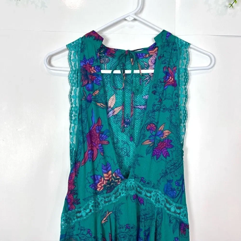 Free People Floral Oversized Mini Slip Dress Turquoise Green XS She Moves Boho